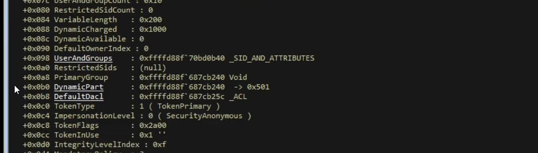 UserAndGroups address and integrityLevelIndex from the EPROCESS structure